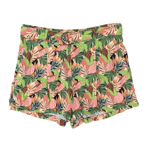 Loft Ann Taylor Shorts Womens L Large Jungle Palm Print Belted Pleated Pockets - Picture 1 of 12